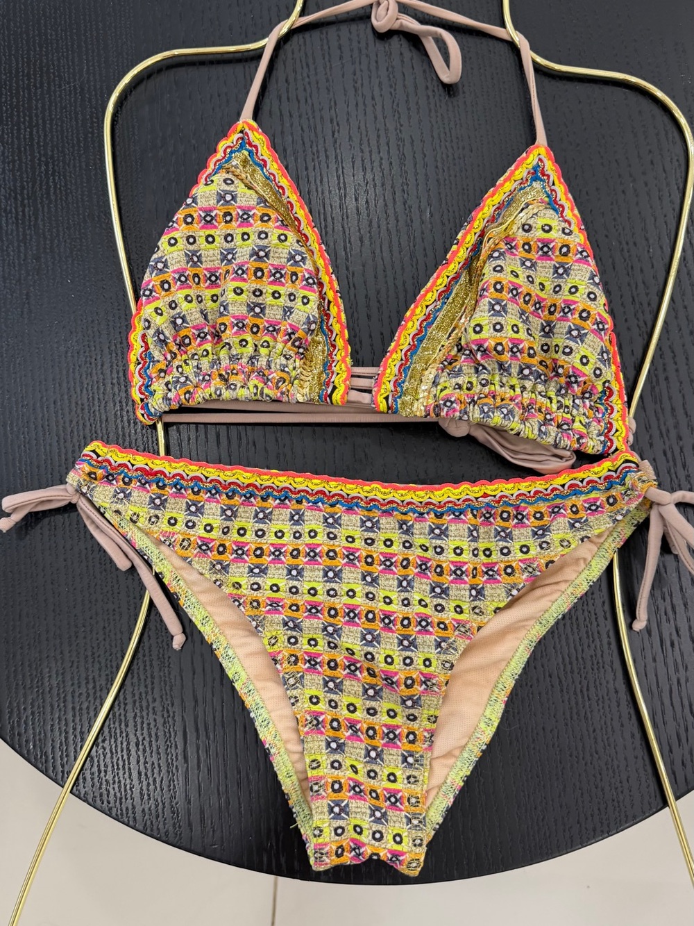Yellow Multi-Color Embroidered Triangle Bikini - Picture 6 of 16